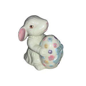 White Ceramic Girl Bunny Holding Easter Egg Decoration 5”